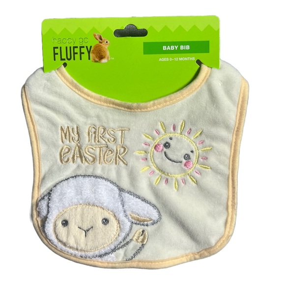 NWT HAPPY GO FLUFFY YELLOW MY FIRST EASTER PRINTED BABY BIB - Picture 1 of 3